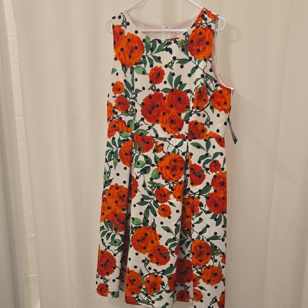 New York & Company White Dress with Orange Floral and Green Leaves